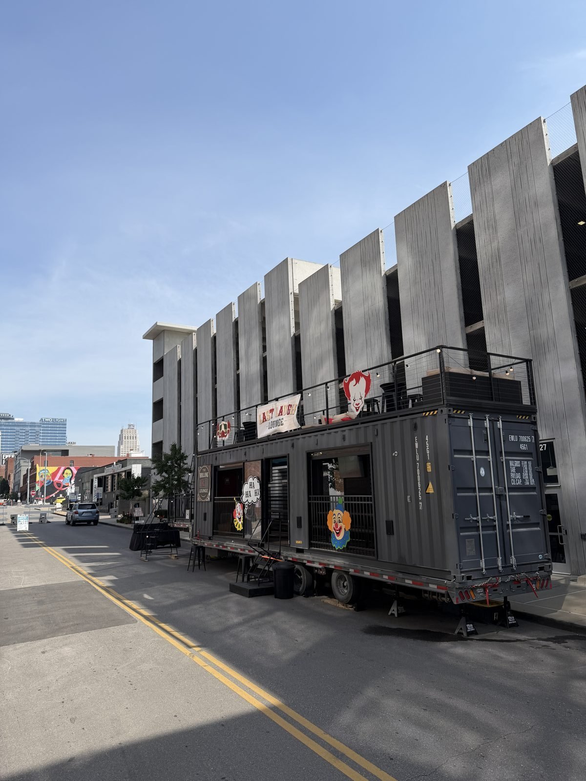 The Rolling Lounge parked downtown with Last Laugh Lounge decorations